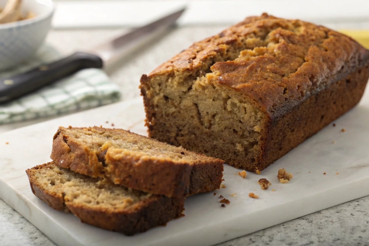A whole loaf of delicious banana bread with olive oil on a board, with a slice cut and key ingredients in the background.
