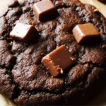 A close-up of how to make chewy chocolate cookies with a melted chocolate chunk on top, resting on brown parchment paper.