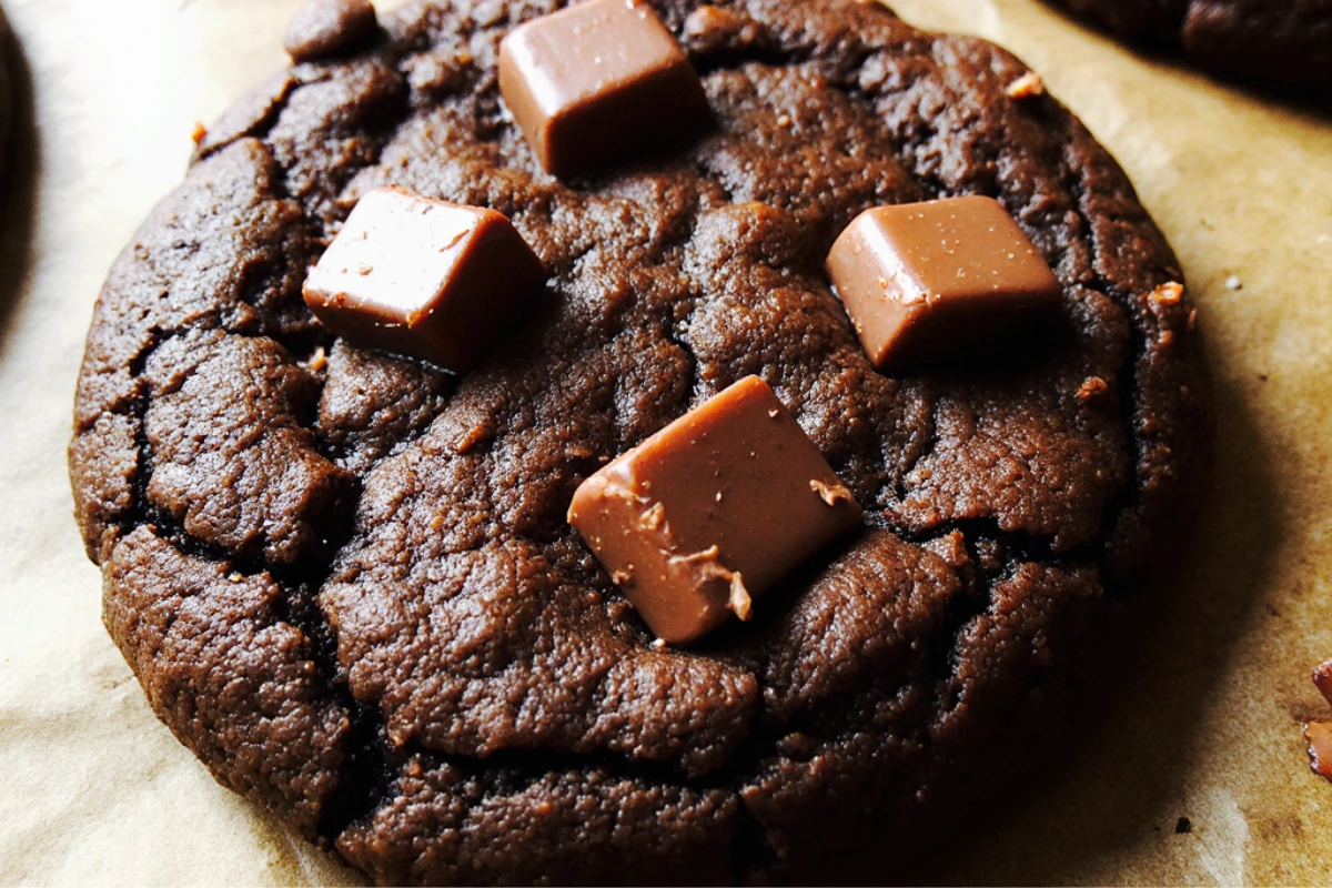 A close-up of how to make chewy chocolate cookies with a melted chocolate chunk on top, resting on brown parchment paper.