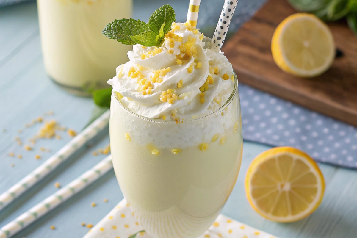 A close-up of a frosty glass from our whipped lemonade recipe, topped with whipped cream, a lemon slice, and mint.