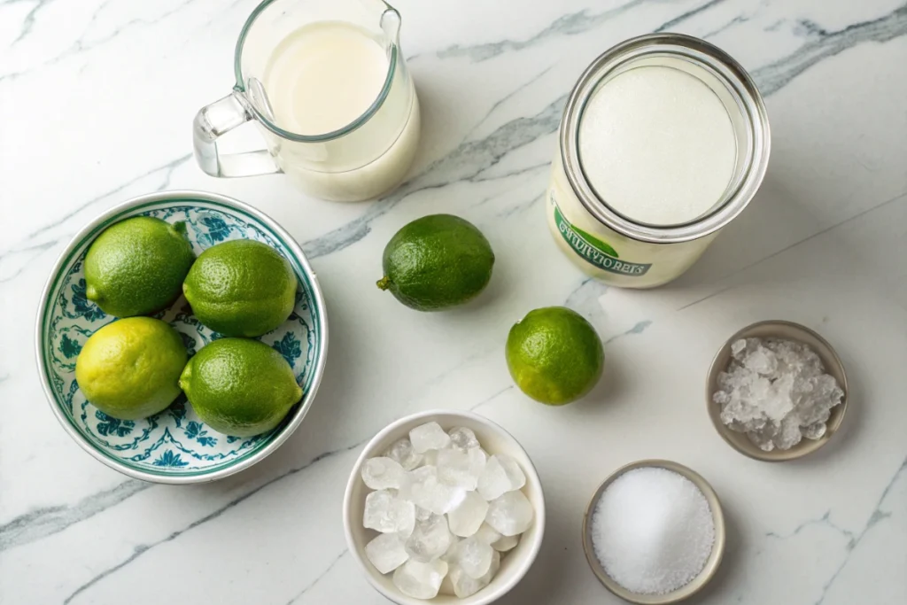 Ingredients for creamy Brazilian lemonade flat lay