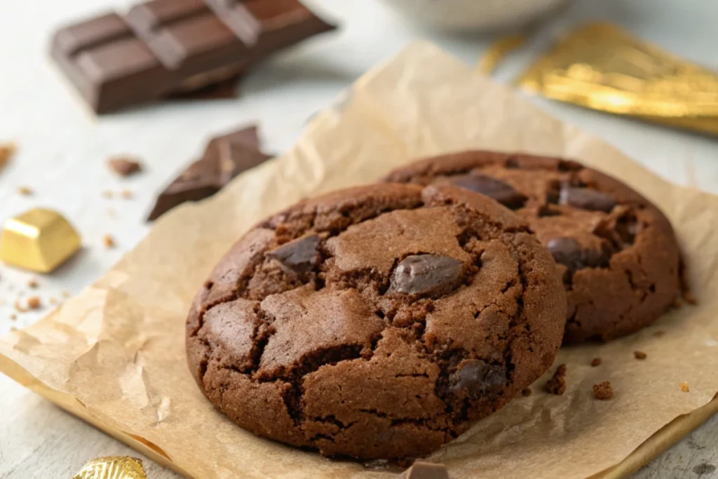 A top-down shot of a white bowl filled with rich double chunk chocolate cookie dough, which is full of chocolate chunks and has a wooden spoon in it.