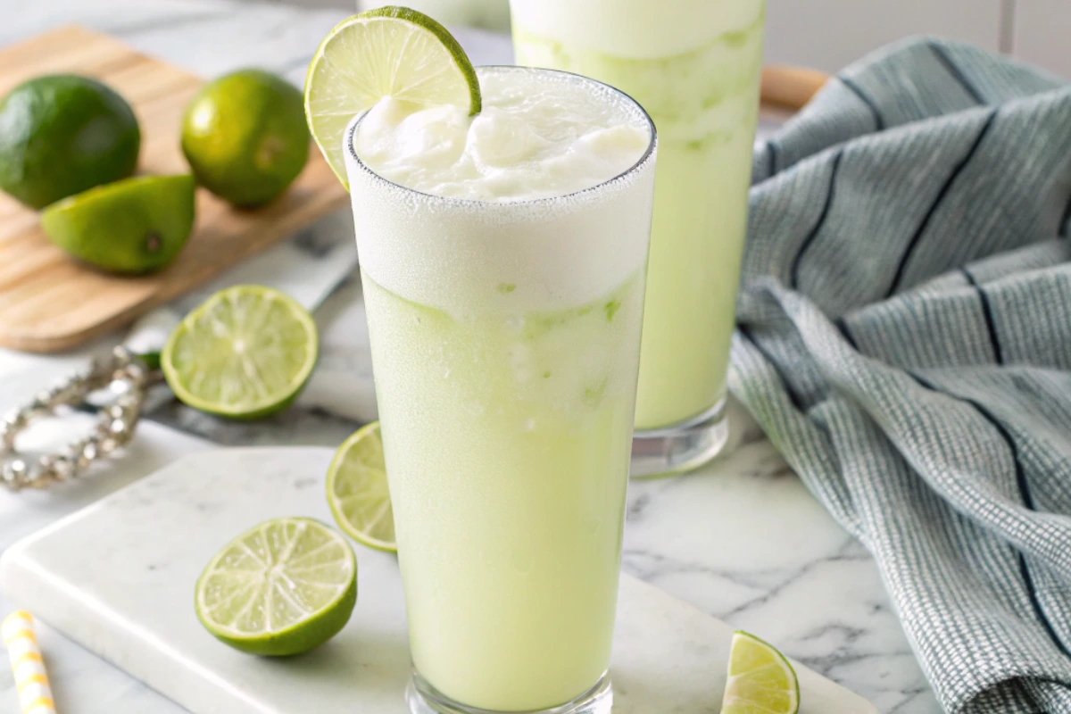 Creamy Brazilian Lemonade in a glass with lime garnish