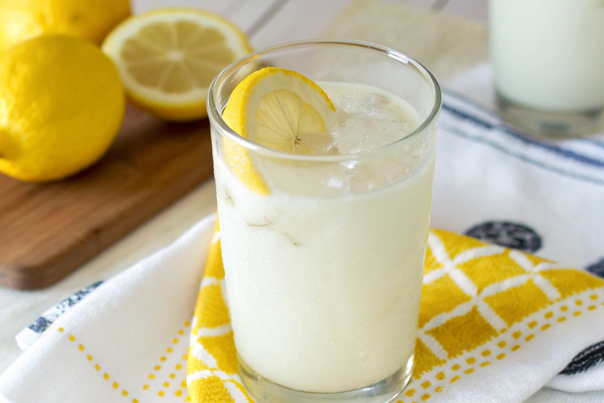 A close-up of a glass of frothy creamy lemonade with ice, garnished with a lemon wheel. This refreshing Brazilian lemonade looks delicious.