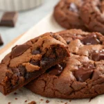 A stack of three homemade double chunk chocolate cookies, with the top cookie broken in half to reveal a chewy, gooey chocolate-filled center.