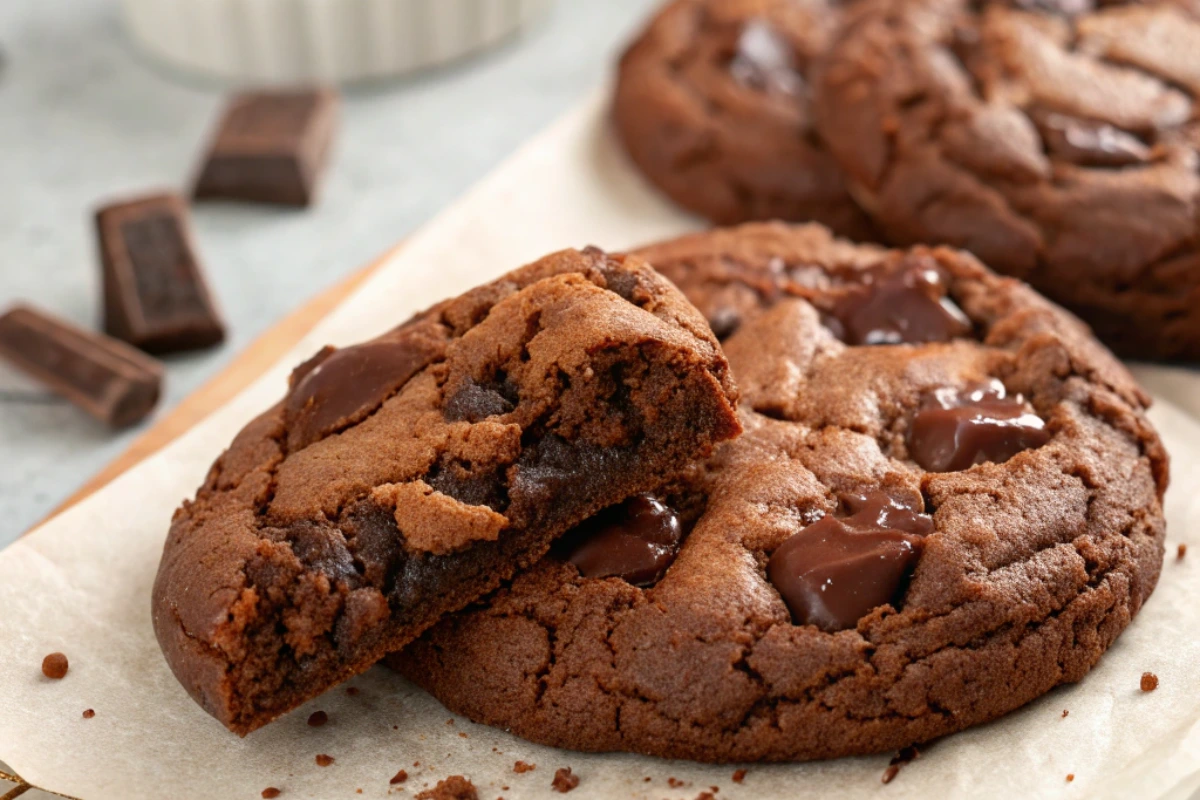 A stack of three homemade double chunk chocolate cookies, with the top cookie broken in half to reveal a chewy, gooey chocolate-filled center.