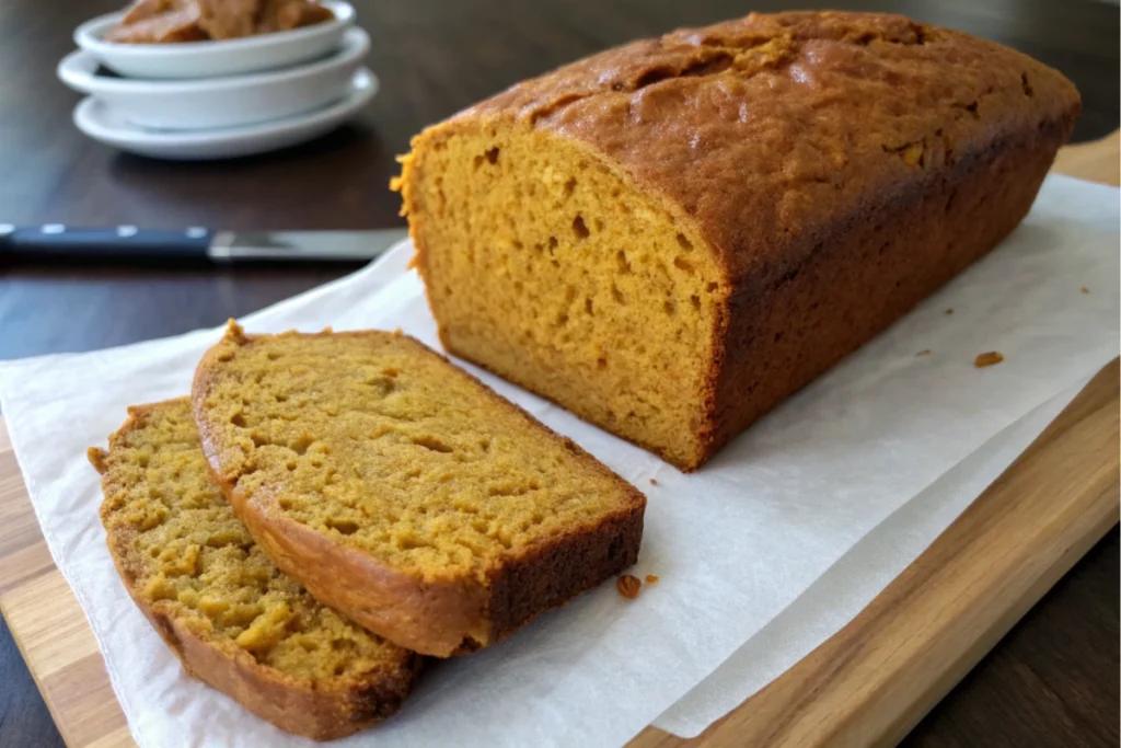 A close-up shot of a thick slice of moist sourdough pumpkin bread, showing the tender crumb. The rest of the loaf is in the background.