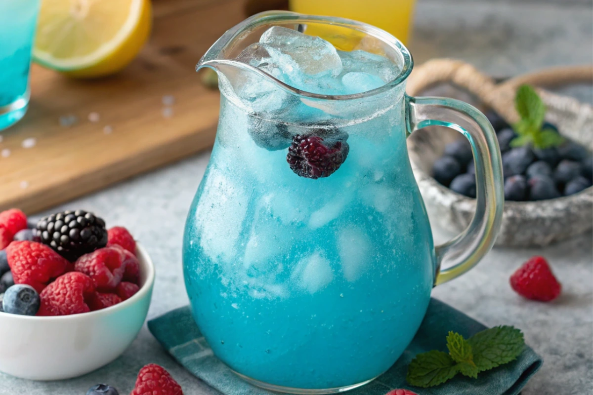 Refreshing Blue Raspberry Lemonade in a glass pitcher
