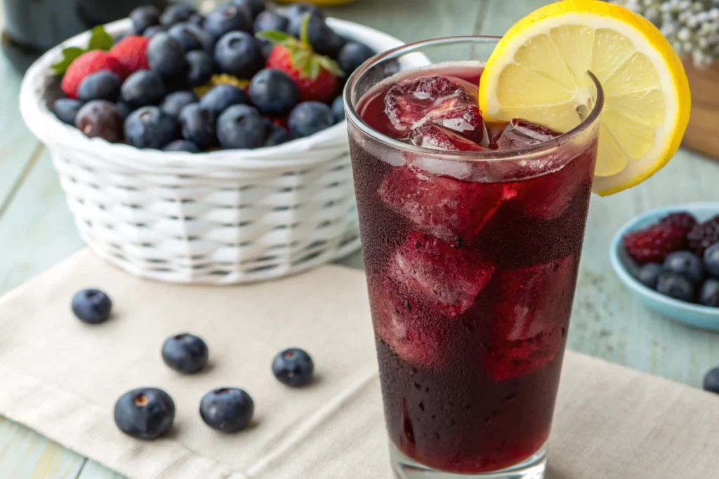 Close-up of a tall glass of iced blueberry lemonade punch with a lemon slice and fresh blueberries.