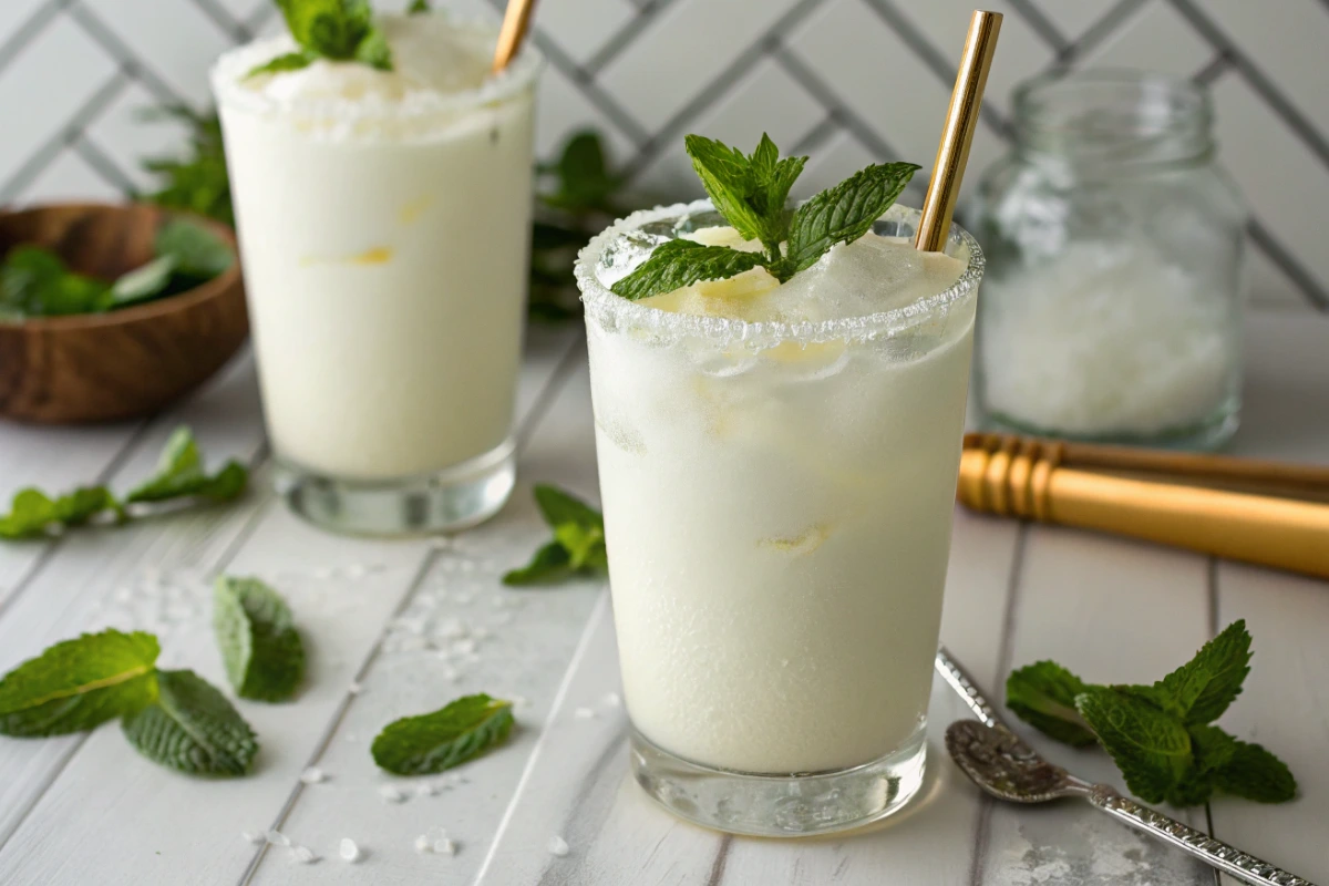 A delicious Coconut Creamy Lemonade in a sugar-rimmed glass, garnished with fresh mint on a marble counter.
