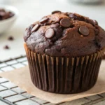 An extreme close-up shot showing the rich, cracked top of a muffin from our double chocolate chip muffin recipe.