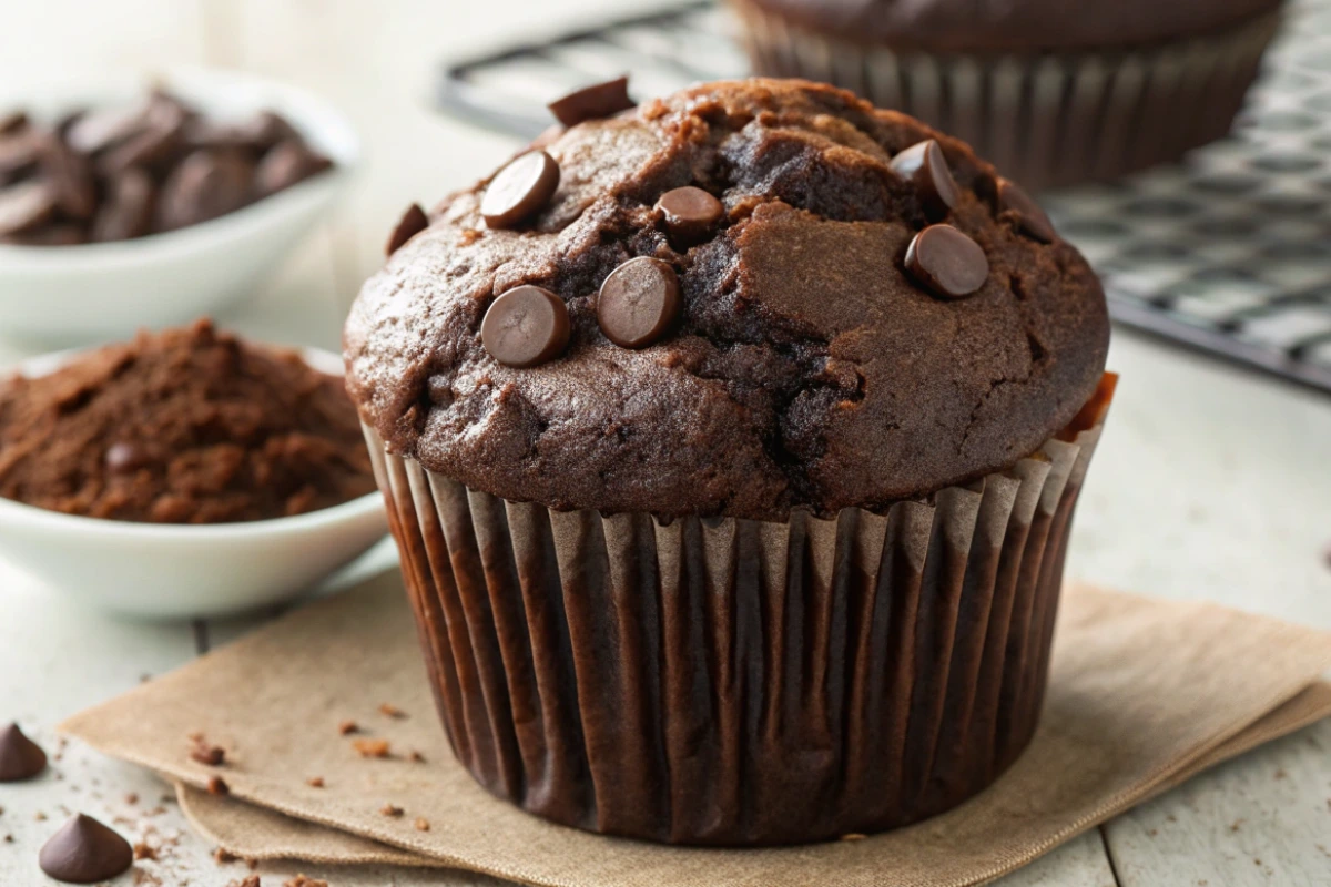 Double chocolate chip muffins cooling on rack