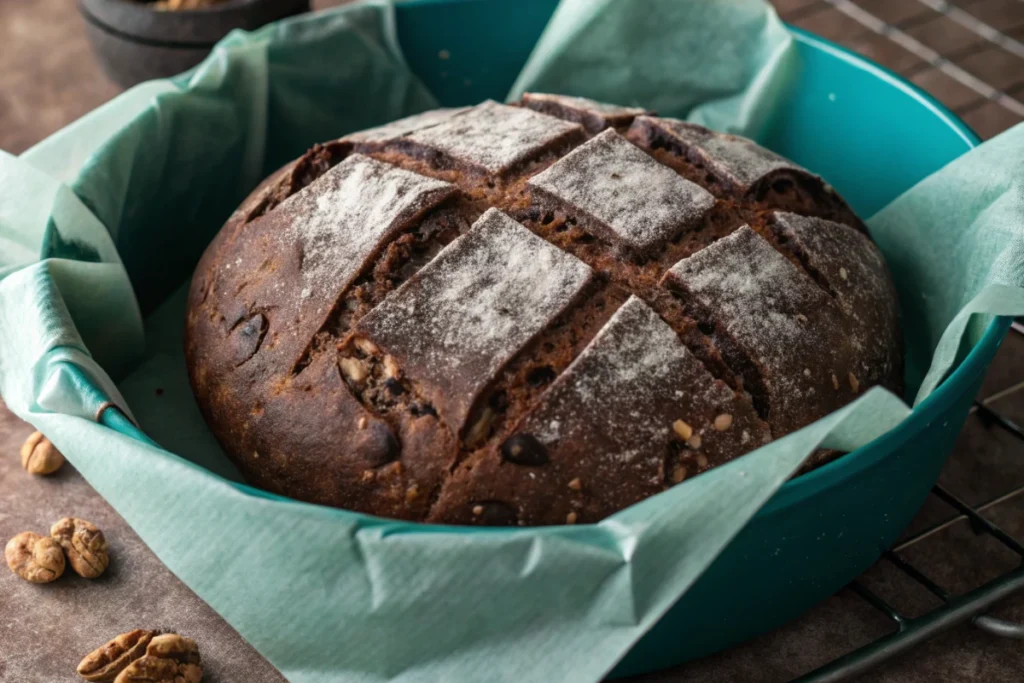 A close-up of a delicious slice of chocolate sourdough bread, showing its rich crumb and chocolate chips.