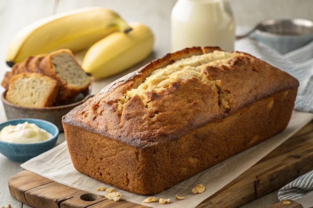 cottage cheese banana bread on a wooden board showing its soft and moist interior.
