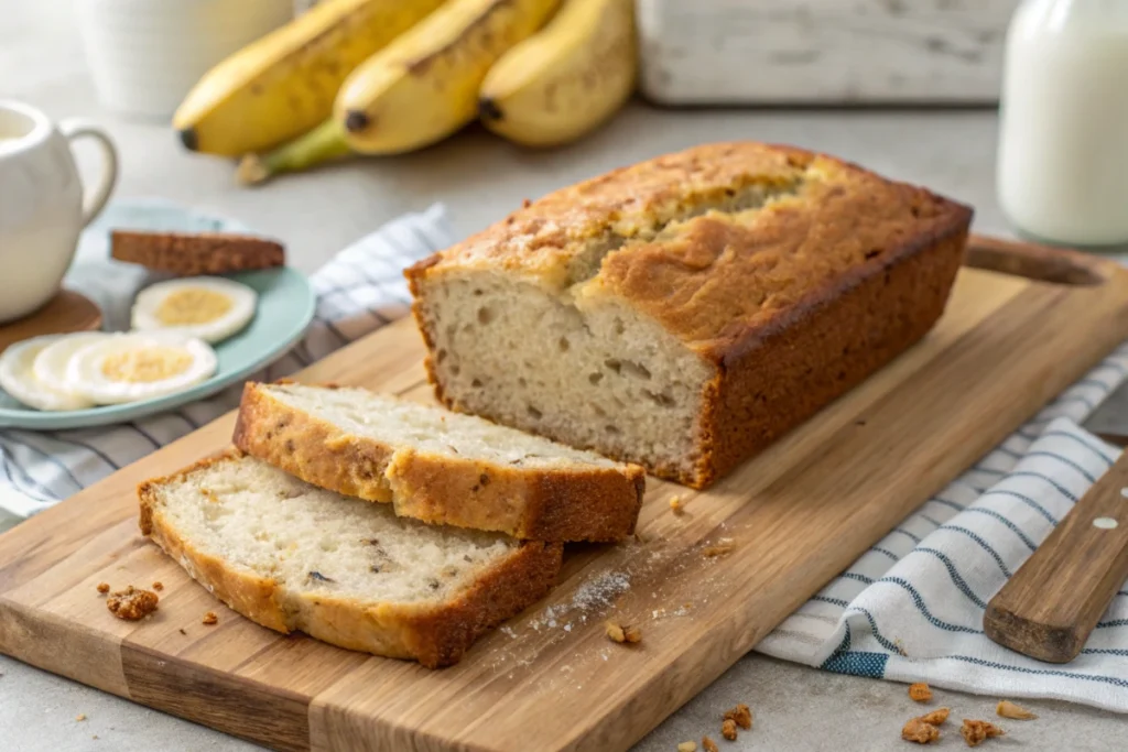 slices of cottage cheese banana bread stacked neatly on a ceramic plate.