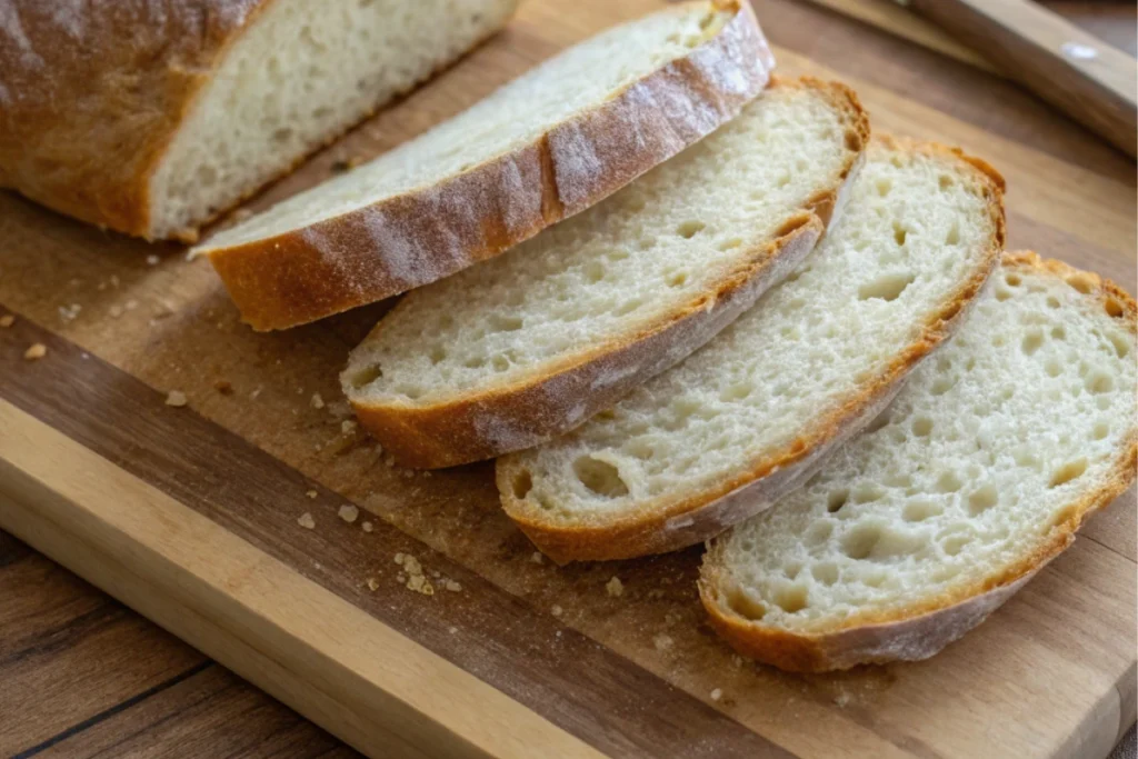Sliced Peasant-Style No-Knead Bread on a wooden board showing its airy crumb and crust