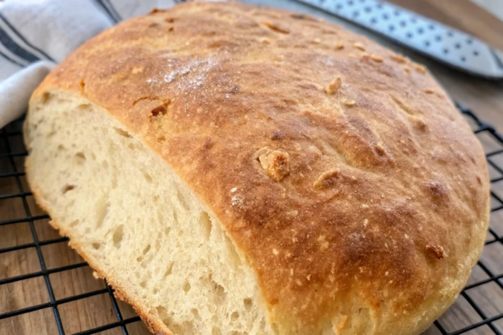 Whole loaf of Peasant-Style No-Knead Bread cooling on rack with golden crust