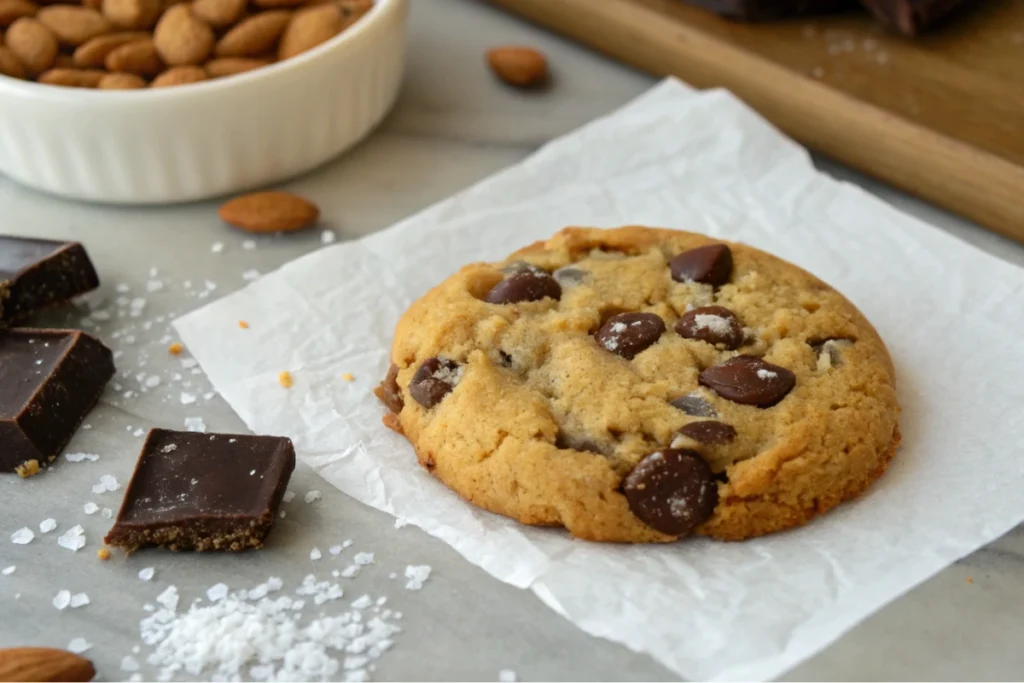 Close-up of almond flour chocolate cookies, one bitten to show melted chocolate and sea salt on parchment.