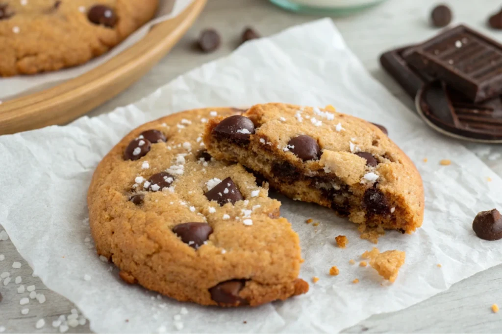 Close-up of an almond flour chocolate cookie with a bite taken out, revealing gooey melted chocolate and sea salt.