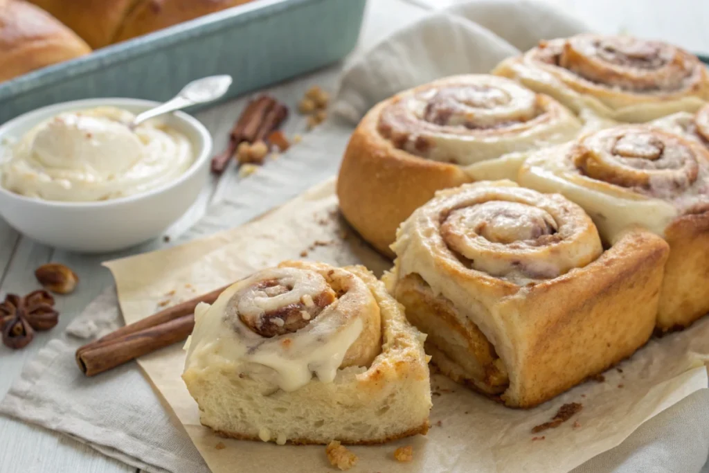 Close-up of gooey banana bread cinnamon rolls with swirled cinnamon cream cheese frosting, perfect for breakfast.
