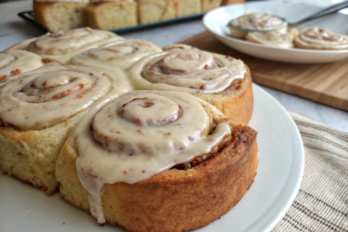 Top-down view of freshly baked banana bread cinnamon rolls generously topped with creamy cinnamon frosting in a pan.