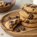 Golden-brown almond flour chocolate cookies on parchment, one with a bite revealing gooey melted chocolate and sea salt.
