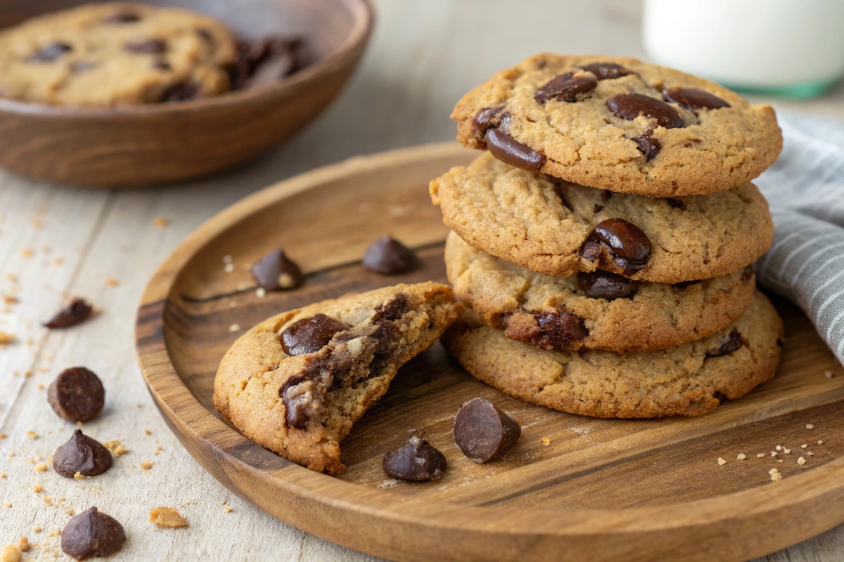 Golden-brown almond flour chocolate cookies on parchment, one with a bite revealing gooey melted chocolate and sea salt.