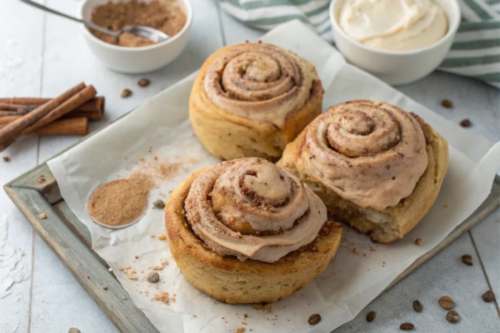 Extreme close-up of frosted banana bread cinnamon rolls, showcasing rich cinnamon swirls and creamy topping.