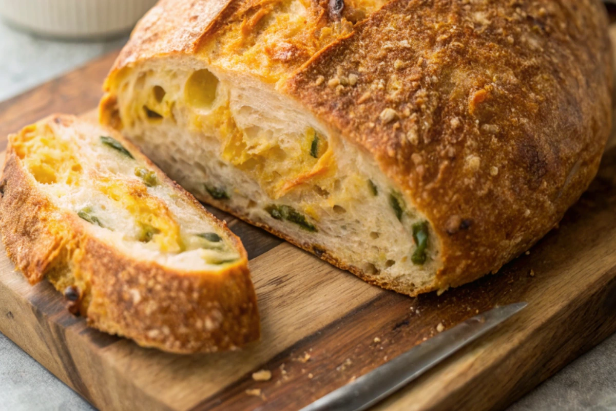 Freshly baked jalapeno cheddar sourdough bread, sliced to show cheesy, spicy interior on a cutting board.