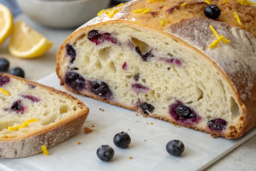 Wedge of lemon blueberry sourdough bread showing airy crumb, blueberries, and zest.