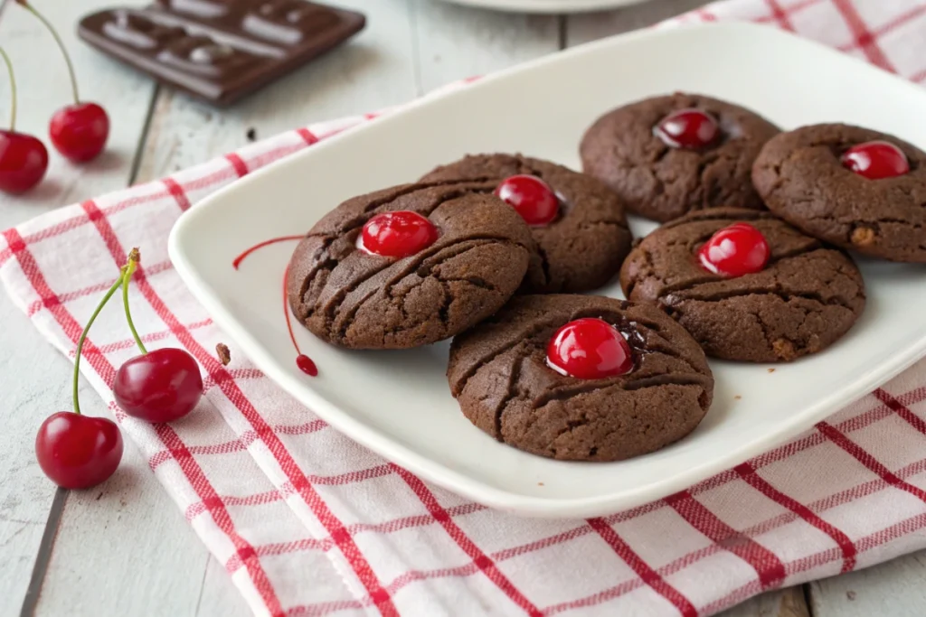 chocolate and cherry cookies on a plate, with a bowl of cherry liquid and loose cherries.