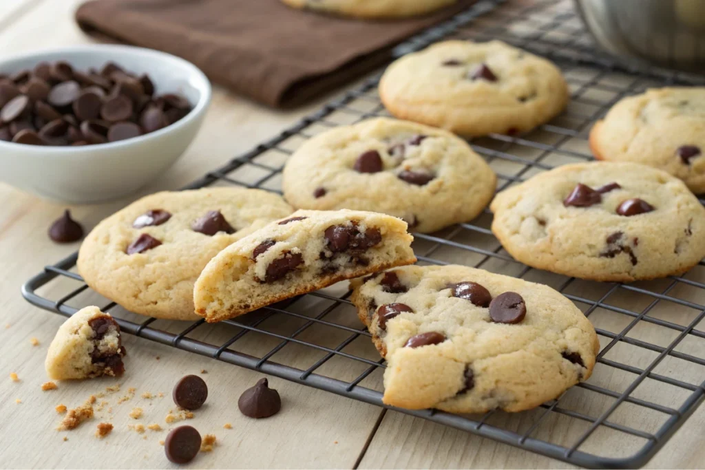 Broken cream cheese chocolate chip cookie close-up, showing gooey chocolate and soft homemade texture.