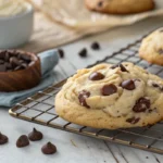 Close-up of stacked cream cheese chocolate chip cookies on a plate, golden and gooey, homemade and fresh.