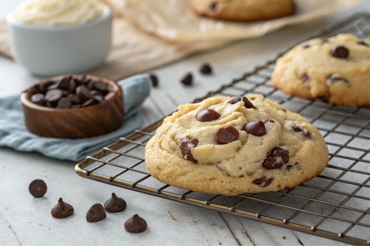 Close-up of stacked cream cheese chocolate chip cookies on a plate, golden and gooey, homemade and fresh.