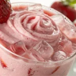Close-up of creamy strawberry lemonade in a glass with fresh strawberries and lemon wheel