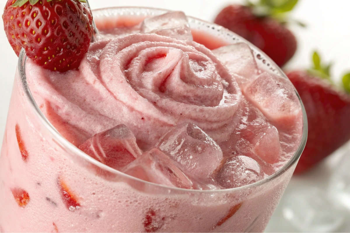Close-up of creamy strawberry lemonade in a glass with fresh strawberries and lemon wheel
