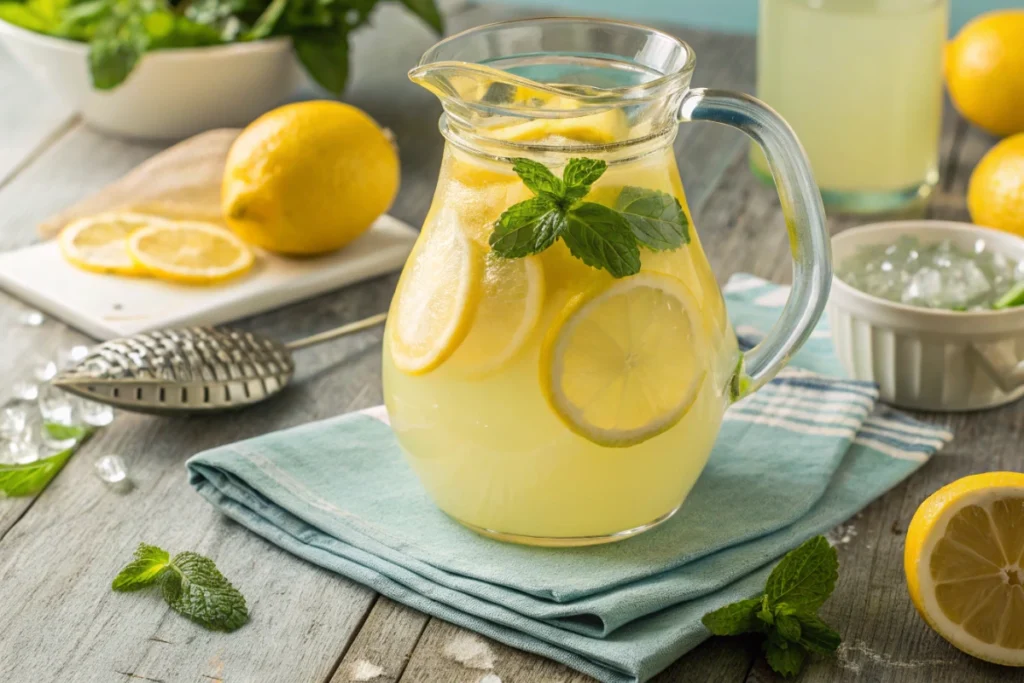 A glass pitcher of homemade healthy lemonade with lemon slices and mint, taken in natural soft lighting.