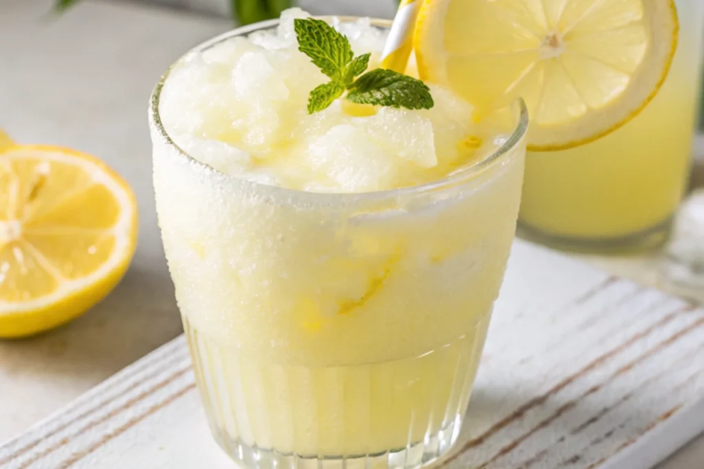Two tall glasses of homemade iced creamy lemonade served on a wooden board, with fresh lemons and a juicer in the background.
