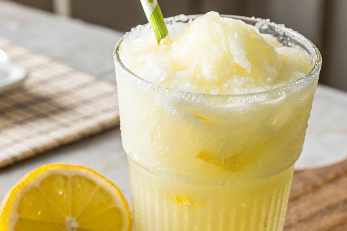 A close-up of a frosty glass of delicious iced creamy lemonade, garnished with a fresh lemon slice and a sprig of mint.