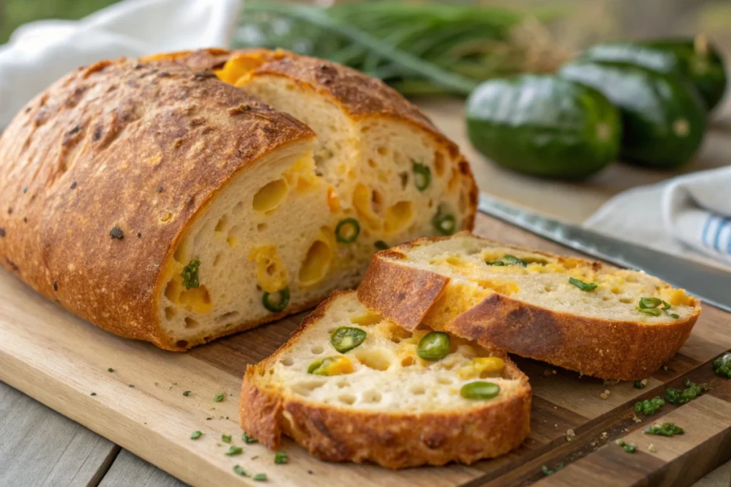 Close-up of a rustic jalapeno cheddar sourdough bread slice, showing airy crumb, cheese, and jalapeños.