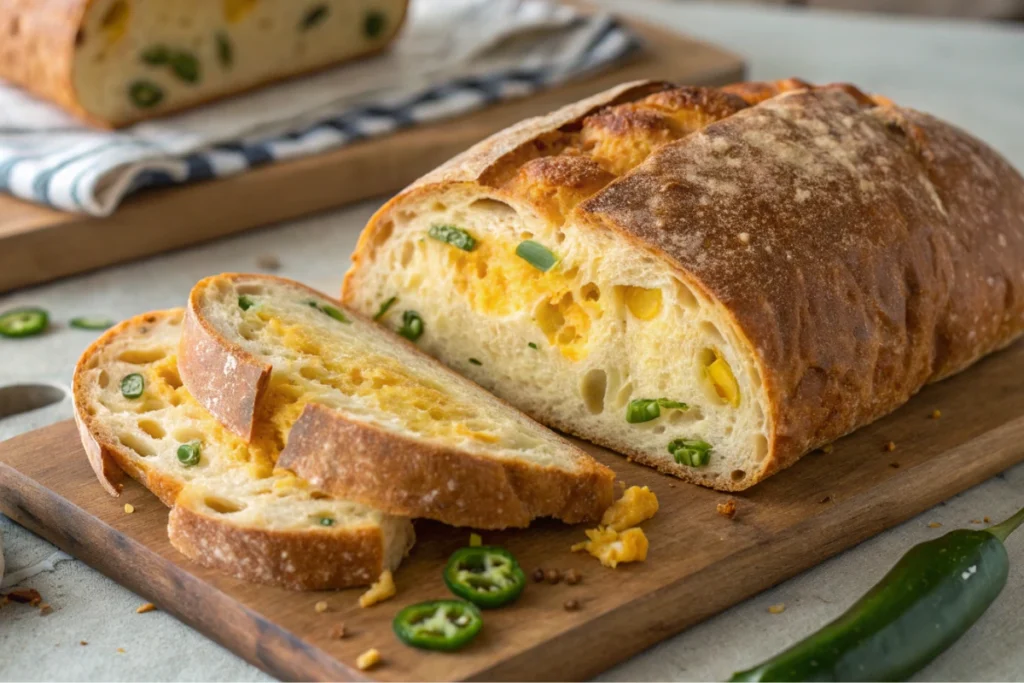 Two slices of homemade jalapeno cheddar sourdough bread with visible cheese and jalapeños.