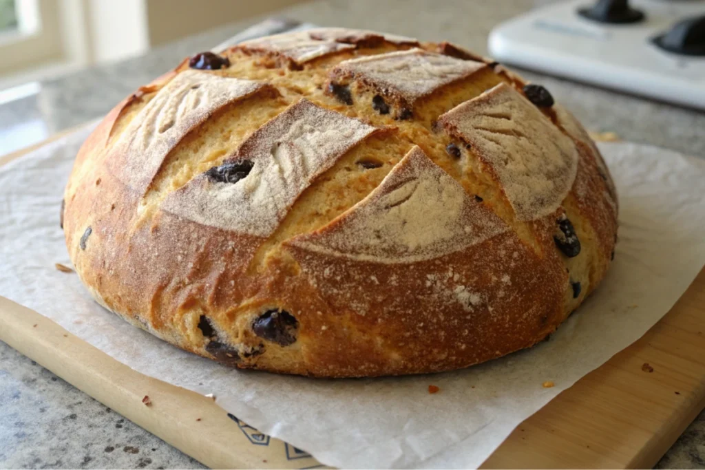 Whole round golden-brown lemon blueberry sourdough bread loaf with a scored crust on a light surface