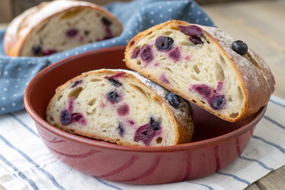 Sliced lemon blueberry sourdough bread showing airy crumb, blueberries, and lemon zest in a baking dish.
