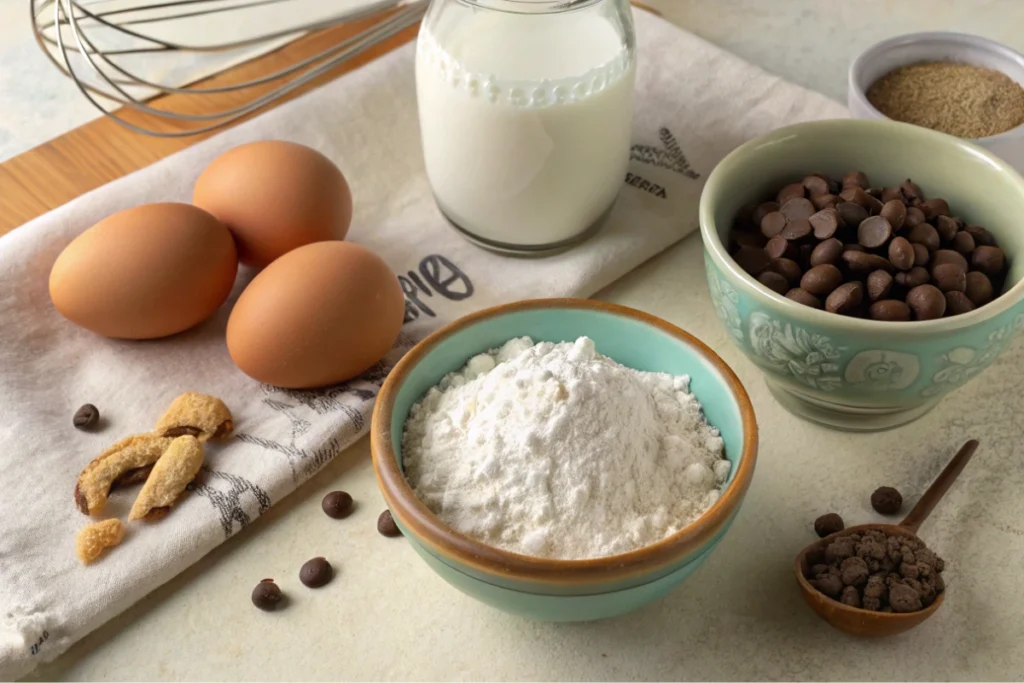 Essential ingredients for little chocolate chip cookies, including flour, leaveners, and mini chocolate chips.