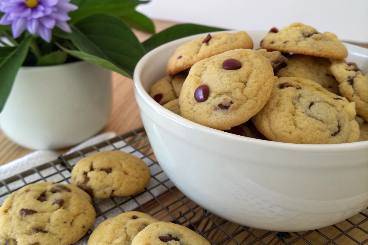 A white bowl filled with golden little chocolate chip cookies, with a purple flower on a cooling rack.