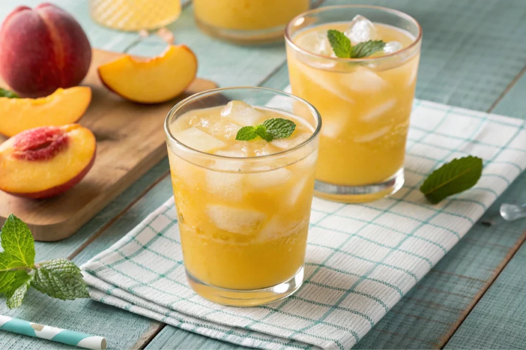 Close-up of a tall glass of refreshing peach drink recipes, garnished with a peach slice and mint.