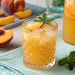 Refreshing frozen peach lemonade slush with fresh peach slices and mint on a wooden table