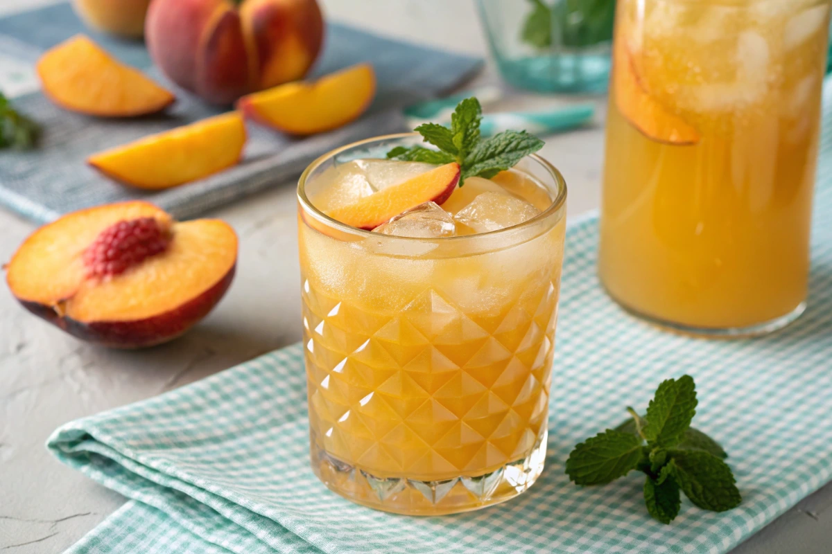 Refreshing frozen peach lemonade slush with fresh peach slices and mint on a wooden table