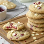 Freshly baked white chocolate raspberry cookies stacked on a wooden board with gooey centers.