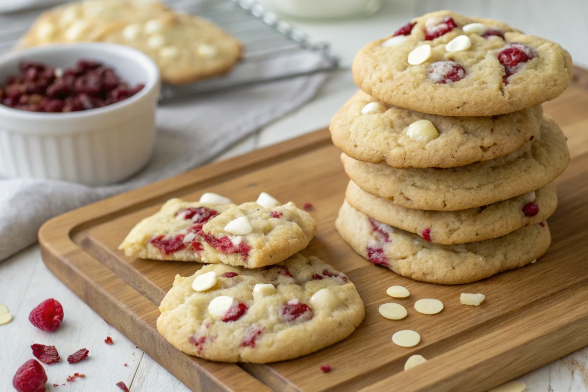 Freshly baked white chocolate raspberry cookies stacked on a wooden board with gooey centers.